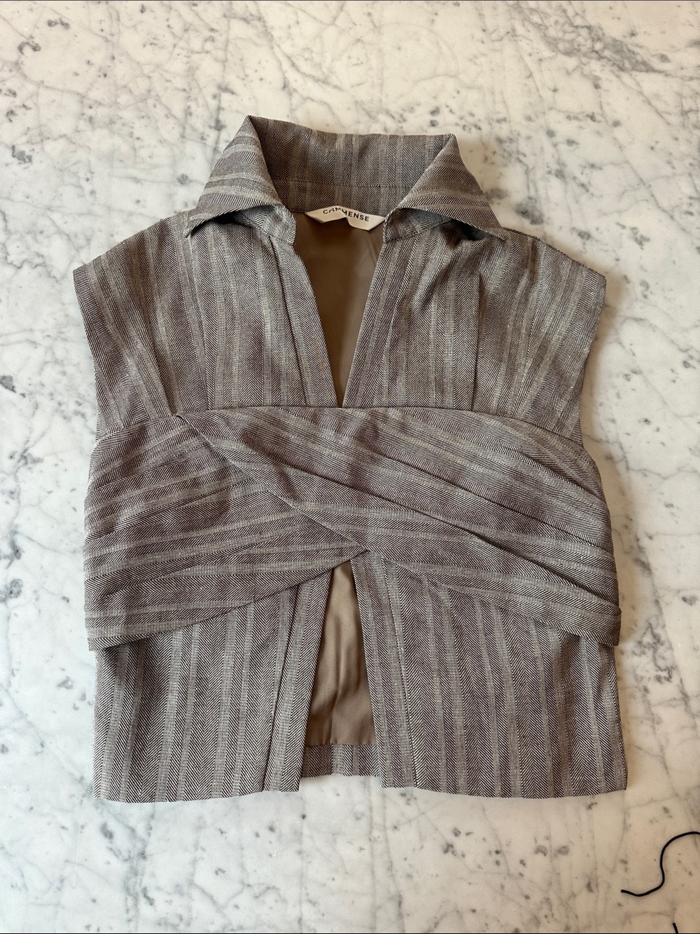 Commense Taupe Striped Wrap-Front Sleeveless Top